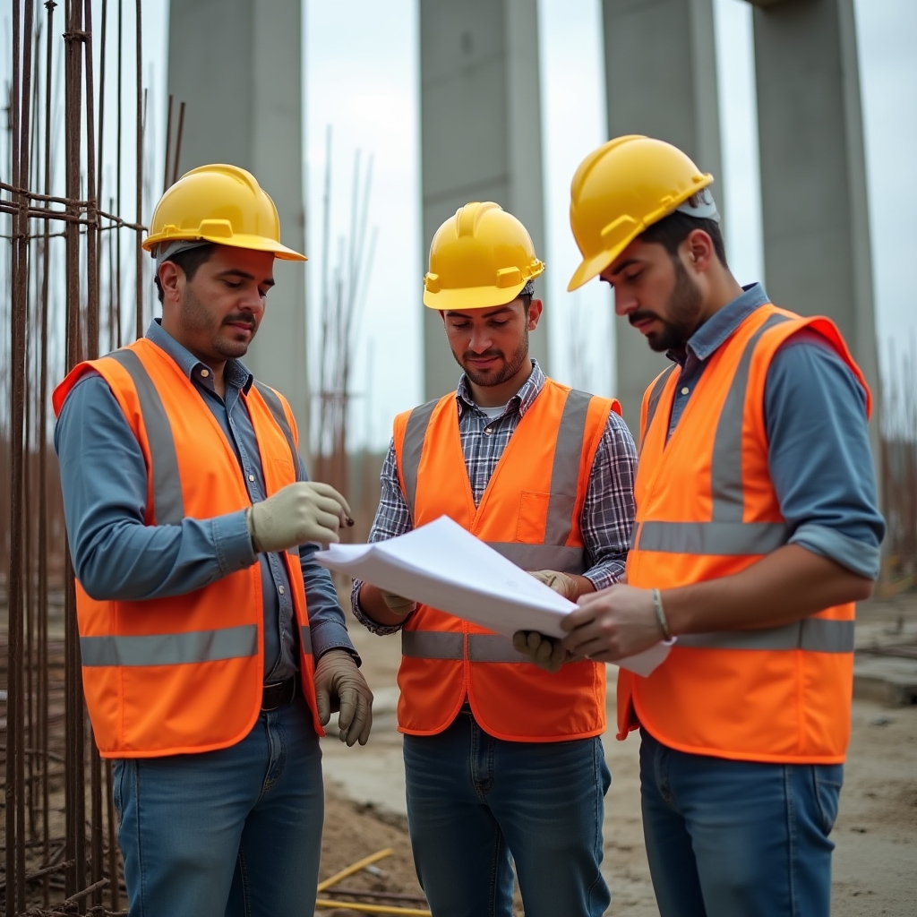 Construction workers wearing safety equipment on an Argentine building site