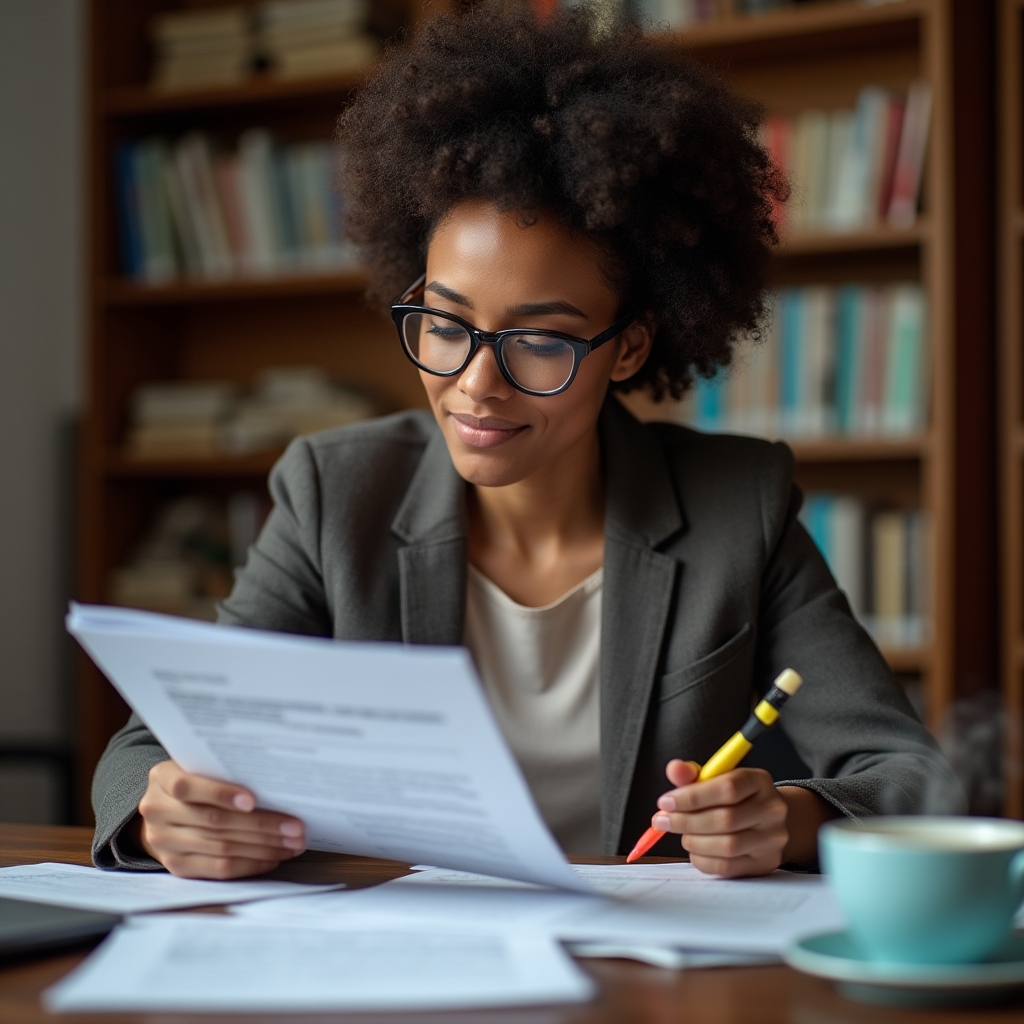 Researcher reviewing regulatory documents at a professional desk